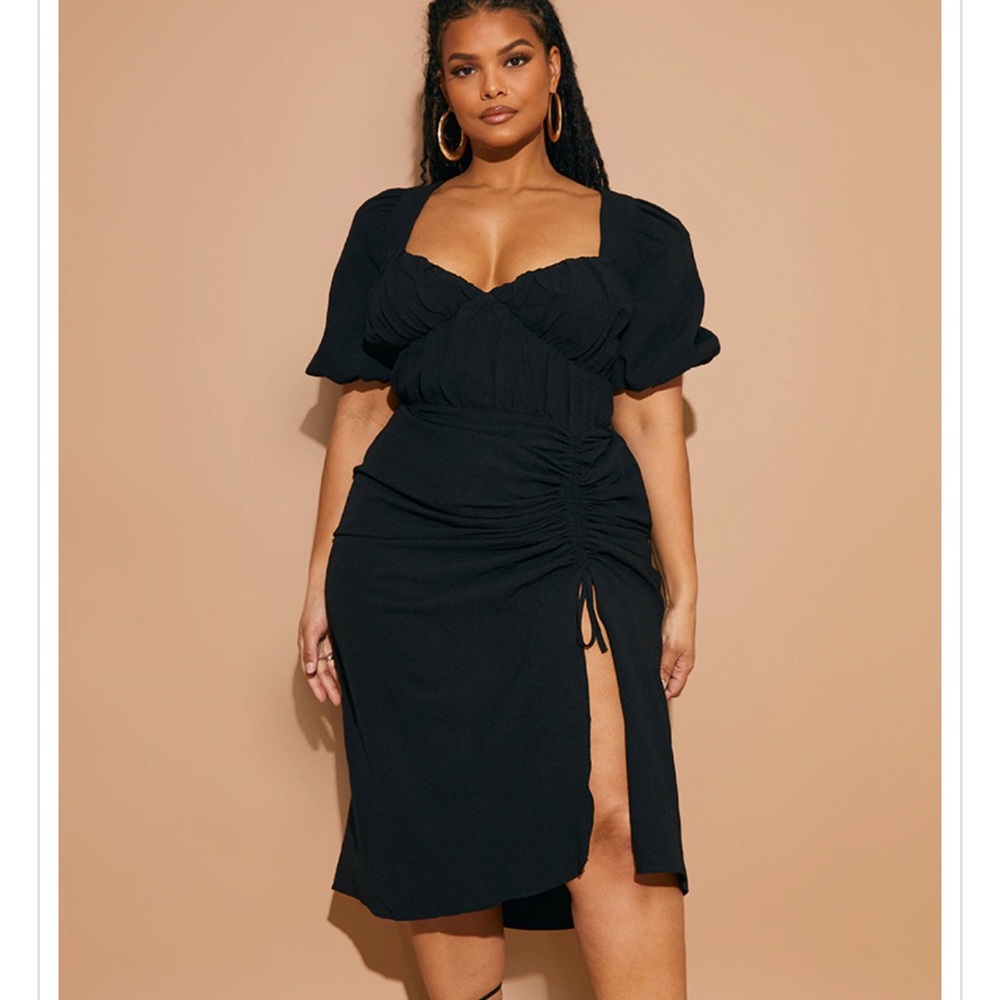 PLUS BLACK PUFF SLEEVE RUCHED SIDE SPLIT MIDI DRESS